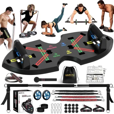 Foldable Multi-Functional 20 in 1 Resistance Band Pull Rope Abdominal Wheel Pilates Bar Push-up Board Exercise Fitness Set