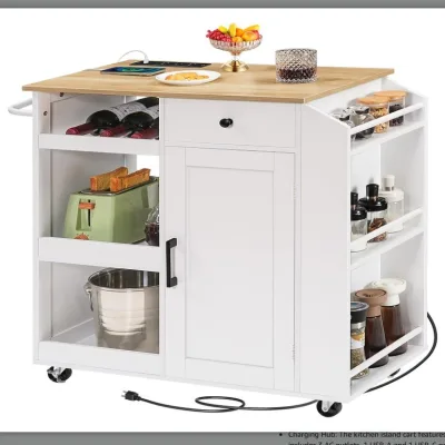 Modern MDF Kitchen Island with Power Outlet Drawers Spice Rack Towel Rack Wine Rack Storage