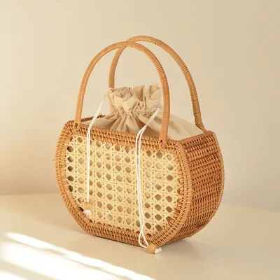 100% Handmade Woven Straw Basket Handwoven Vintage Vietnam Natural Beach Women Rattan Bags