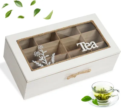 Sustainable Wooden Tea Caddy Box 9-Compartment Tea Bag Holder Organiser with Glass Cover for Home Use Candy Box Accessories