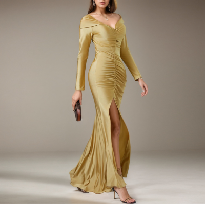 Women's Long Sleeve Gold Gown Fish Tale Ball Gown Prom Dress Cocktail Party Dresses Shoulderless Wedding Gown for Bride Mom