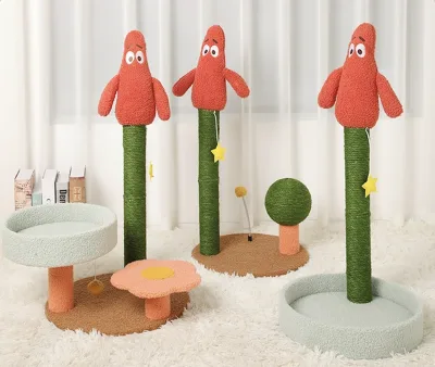 Cute Little Red Man Cat Scratching Post With Spring Ball Jumping Platform Hanging Star Sunflower