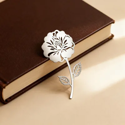 Custom Made Delicate Charm Literary Flower Stainless Steel Metal Bookmark Bulk Classic Hollow Out Rose Silver Metal Bookmark