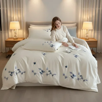Modern Minimalist Solid Color Embroidered Bedding Set 100% Cotton 4 Piece Soft Skin-Friendly Duvet Cover Set