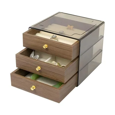 Luxury Multi Layer Jewelry Organizer with Wood Grain Finish, Gold Knobs and Clear Jewelry Storage Box for Wholesale Gifts