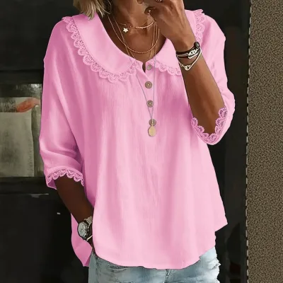 2026 Autumn New Women's Casual Loose Fashion Turn-Down Collar Lace Solid Color Button Shirt