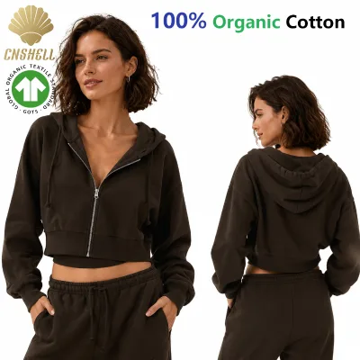 Manufacture with Low MOQ Women's GOTS Organic Cotton Oversized Cropped Zip up Hoodie with Drawstring