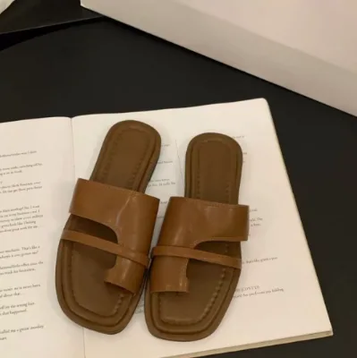 Women Minimalist Square Toe Slide Sandals Two Strap Thong Flat Slippers Retro Open Toe Slip