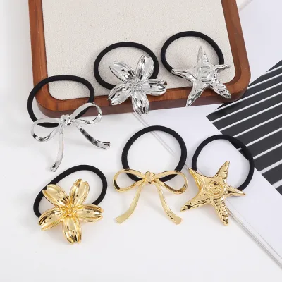 ARCHER Gold Silver Alloy Metal Flower Star Bow Charms Elastic Hair Ties Ponytail Holders for Women Daily Decor