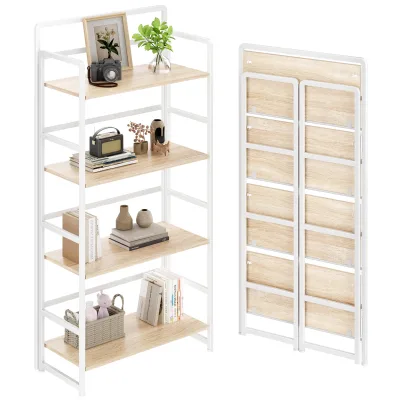Wholesale 5 Tiers No Assembly Non-Folding Wooden Bookshelf OEM ODM Custom Logo Modern Foldable Portable Adjustable Storage Rack