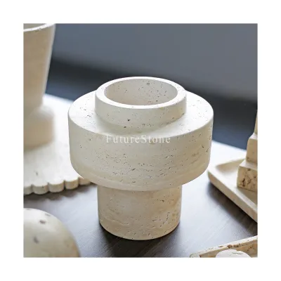 Luxury Practical Floor Vase Beige Travertine Vase Home Decoration Beige Round Marble Flower Curved Large Floor Vases for Room