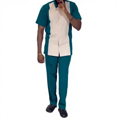 2026 Summer African Men's Casual Style Two Piece Set High Quality Fashion Short Sleeve Shirt Long Pants Casual Set