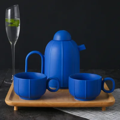 European Simple Style Tea Pot Set Porcelain Luxury Home Decor Coffee Cup Matte Blue Glazed Ceramic Tea Set with Bamboo Tray