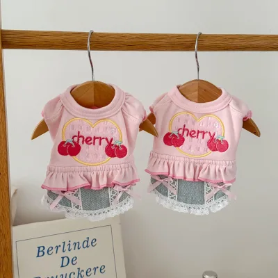 With Embroidered Cherry and Lace Dog Cat Cute Denim Dress Sustainable Autumn Winter Spring Apparel Available High Quality