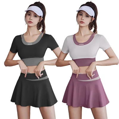 Women's Plus Size Workout 2-Piece Skort Yoga Set Short Sleeved Reversible Solid Breathable Eco-Friendly Sportswear Front Logo