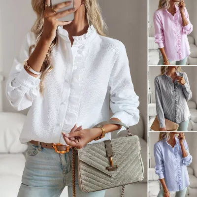 Elegant Women's Striped Ruffled Long Sleeve Blouse Autumn Button Shirt Vintage Trendy Office & Casual Tops