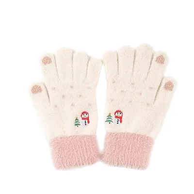 Adult Gloves Female Winter Warm Jacquard Embroidery Plus Velvet Thick Wool Cartoon Gloves Touch Screen Knitted Gloves