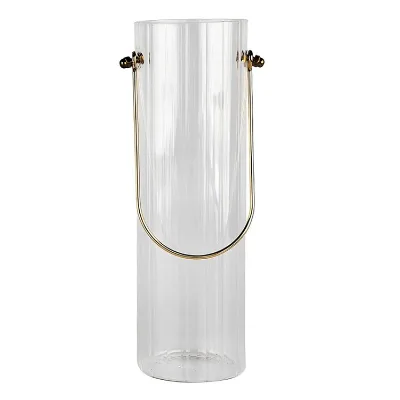 Wholesale High Borosilicate Glass Cylinder Vase Portable Tube Glass Vase Ornamental Vase with Metal Handle for Home Decoration