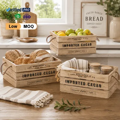 Rustic Wooden Crate Set of 3 Vintage Farmhouse Storage Box with Rope Handles Nesting Wood Organizer for Kitchen Fruit Bread