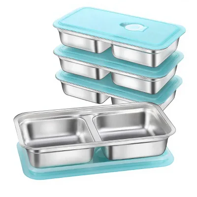 Korean Luxury Engraved Eco-Friendly Stainless Steel Rectangle Divided 3 Compartment Plates Silver Kids Toddlers Babies Tray