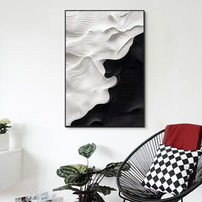 Black White Abstract Wall Art Modern Minimalist Wavy Handmade Painting for Hotel Interior Design
