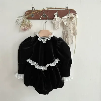 Baby Girls Spring Romper Baby Princess Lace Bract Collar Black Velvet Long Sleeve Wrap Baby Onesie Crawl Suit