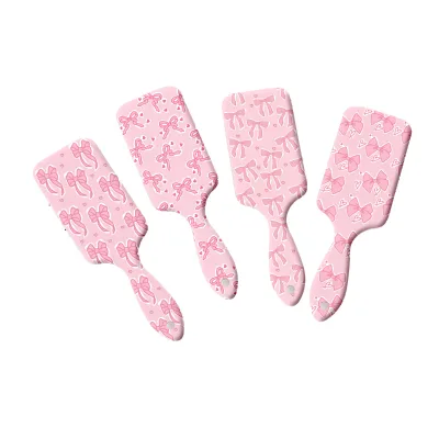 Pink Bow-patterned Plastic Air Cushion Hairbrush with Anti-tangle Function and Scalp Massaging for Travel Use