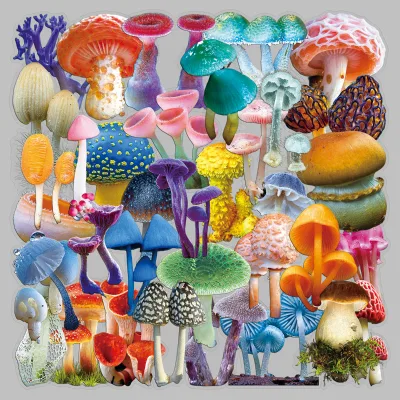 50 Sheets Forest Nature Colorful Mushroom Plant Waterproof PET Transparent Stickers for Notebook Desk Vase Decoration