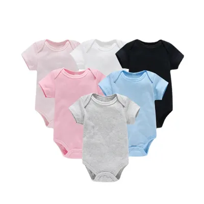 Custom Logo Short-Sleeved Climbing Suit for Newborns Solid Color Jumpsuit for Male Female Babies 0-1 Years Old Summer Knitted