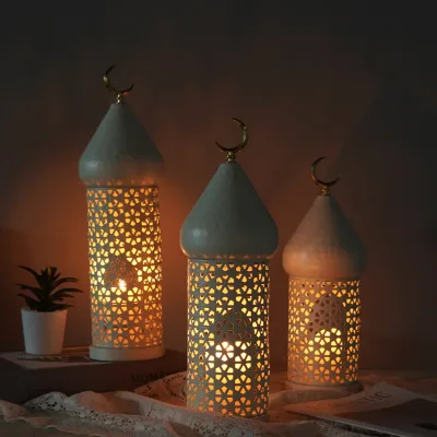 New White Iron Art Hollow LED Wind Lamp Home Desktop Decoration Candle Holder Craft Ornament