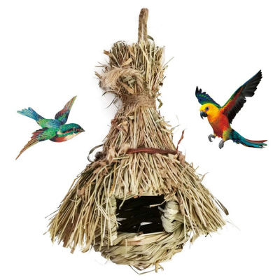 Straw Bird Nest Cage House Handmade Hanging Grass Bird Hut Hatching Breeding Cave Decor Bird Nest for Indoor Outdoor Garden