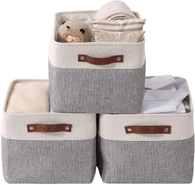 Sturdy Foldable Linen Storage Basket Set for Home with Handle Rectangular Fabric Basket for Wardrobe Clothing Storage