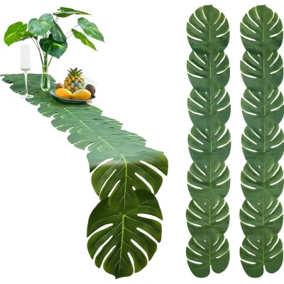 2-Piece Artificial Palm Leaves Green Polyester Table Runners 72 Inches Long for Wedding Tropical Hawaiian Luau Party