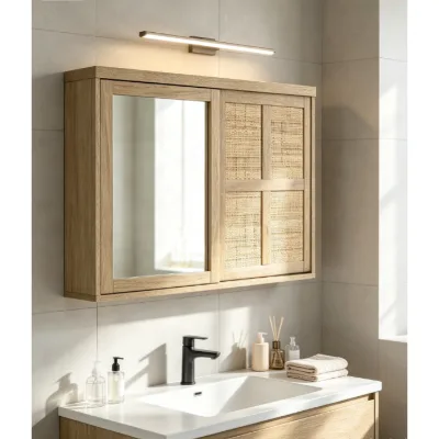 Light Wall-Mounted Bathroom Cabinet with Mirror Door & Rattan Sliding Door