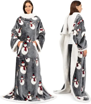 Sherpa Soft Warm Hooded Fleece Wrap Anti-Pilling 100% Polyester Full Body Robe Blanket Sleeves Pocket Cozy Pullover for Women