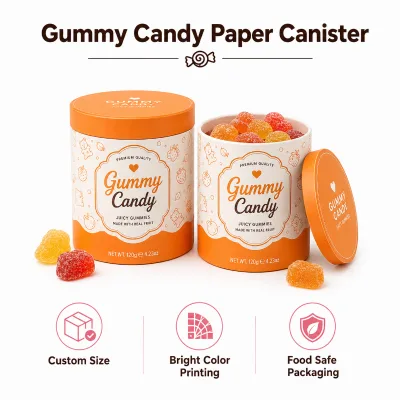 Custom Size, Gummy Candy Paper Canister, Cylindrical, Bright Color Printing, Food Safe for Packaging