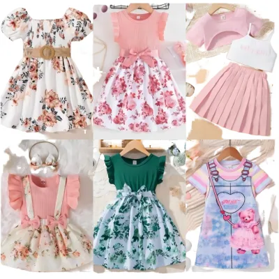 Wholesale Summer 100pcs/lot Baby Girl Cotton Dress Super Grade Mixed Colors Cartoon Print Design Surplus Stock