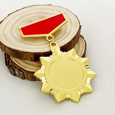 Wholesale Metal Gold Sunburst Blank Honor Medal Badge Epaulet Star Award Enamel Lapel Pin Brooch Engraving Emblem Custom Logo