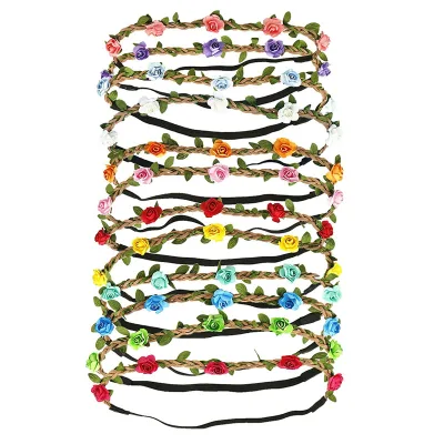 Wholesale Hot Selling Rose Flower Bohemian Floral Crown Garland Headbands with Elastic Ribbon Headpiece,for Girl and Women