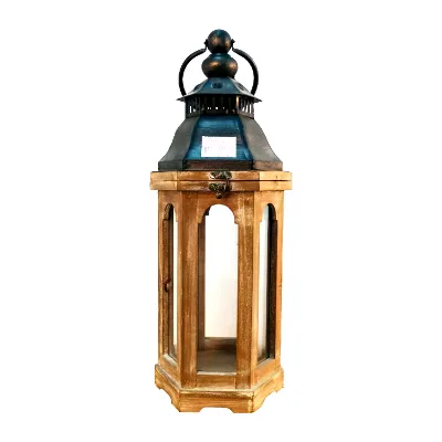 Antique Cast Iron Wood Glass Outdoor Hexagonal Pagoda Metal Hanging Candle Lantern for Christmas for Christmas Decorations