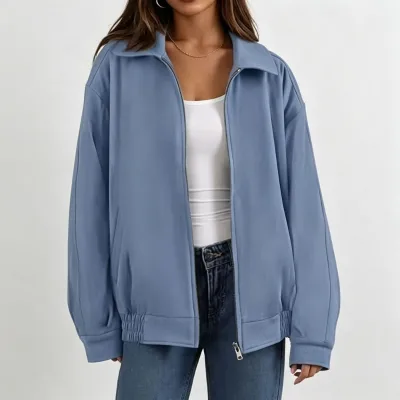 Women's Oversized Collared Zip-Up Jacket Casual Solid Color Full-Zip Outerwear With Elastic Hem Soft Fleece Bomber Style Jacket