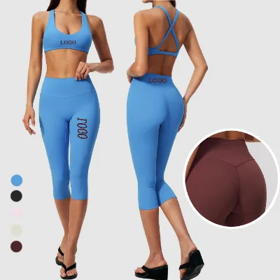 Scoop Neck Cross Back Yoga Sets Fitness Women Quick Dry Open Back Gym Fieness Set High Waist V Shaped Butt Lift Capri Yoga Set