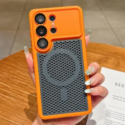 Wholesale Mesh Cooling Magnetic Phone Case with Lens Film for Galaxy S24 Ultra 5G (Orange)