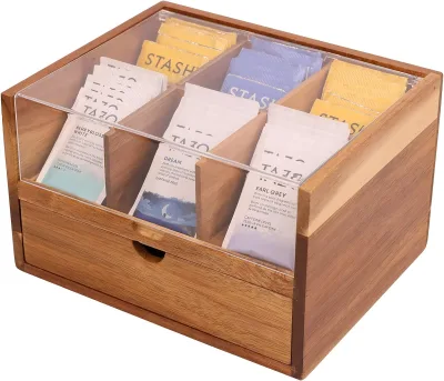 Large Tea Organizer 2 Tier With Drawer , Tea Bag Organizer With Acrylic Transparent Hinged Lid,Wooden Tea Bag Holder