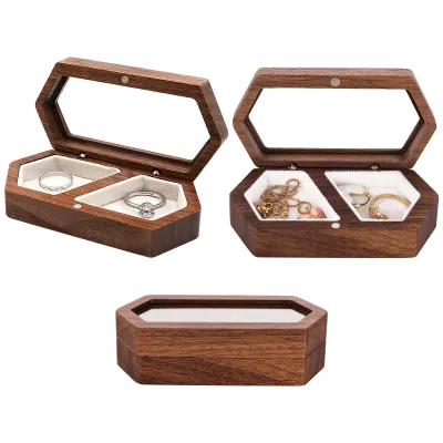 Carved Engraved Wooden Ring Box for 2 Rings Reusable Folk Art Wedding Proposal Box