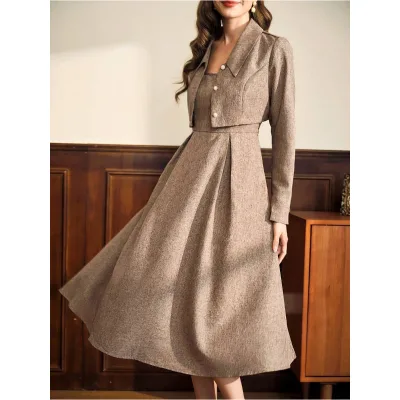 Women's Casual Short Top Dress Suit Set Woven Solid Wholesale for Autumn Season-Full Length Skirt Set