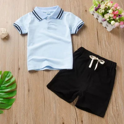 Online Wholesale Shop Baby Boys Summer Cotton Lapel Light Color Polo T-shirt Black Pants Set