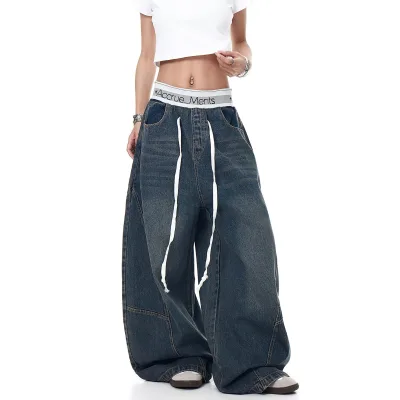 Retro Color-Block High-Waist Spliced Scimitar Loose Casual Straight Breathable Denim Pants for Men Women Summer Trend