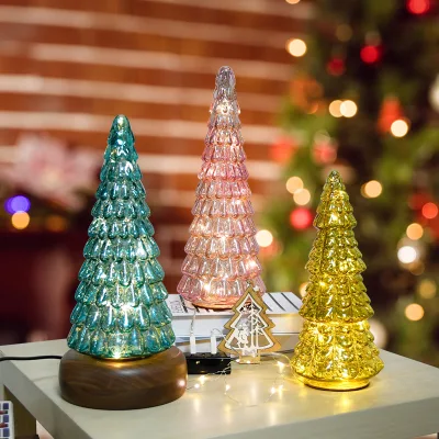 New Small Glass Christmas Tree with Luminous Decorative Lights Counter Window Desktop Christmas Scene Decorations