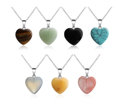 Heart Shape Gemstone Rock Natural Quartz Crystal Healing Chakra Stone Pendant Necklace
